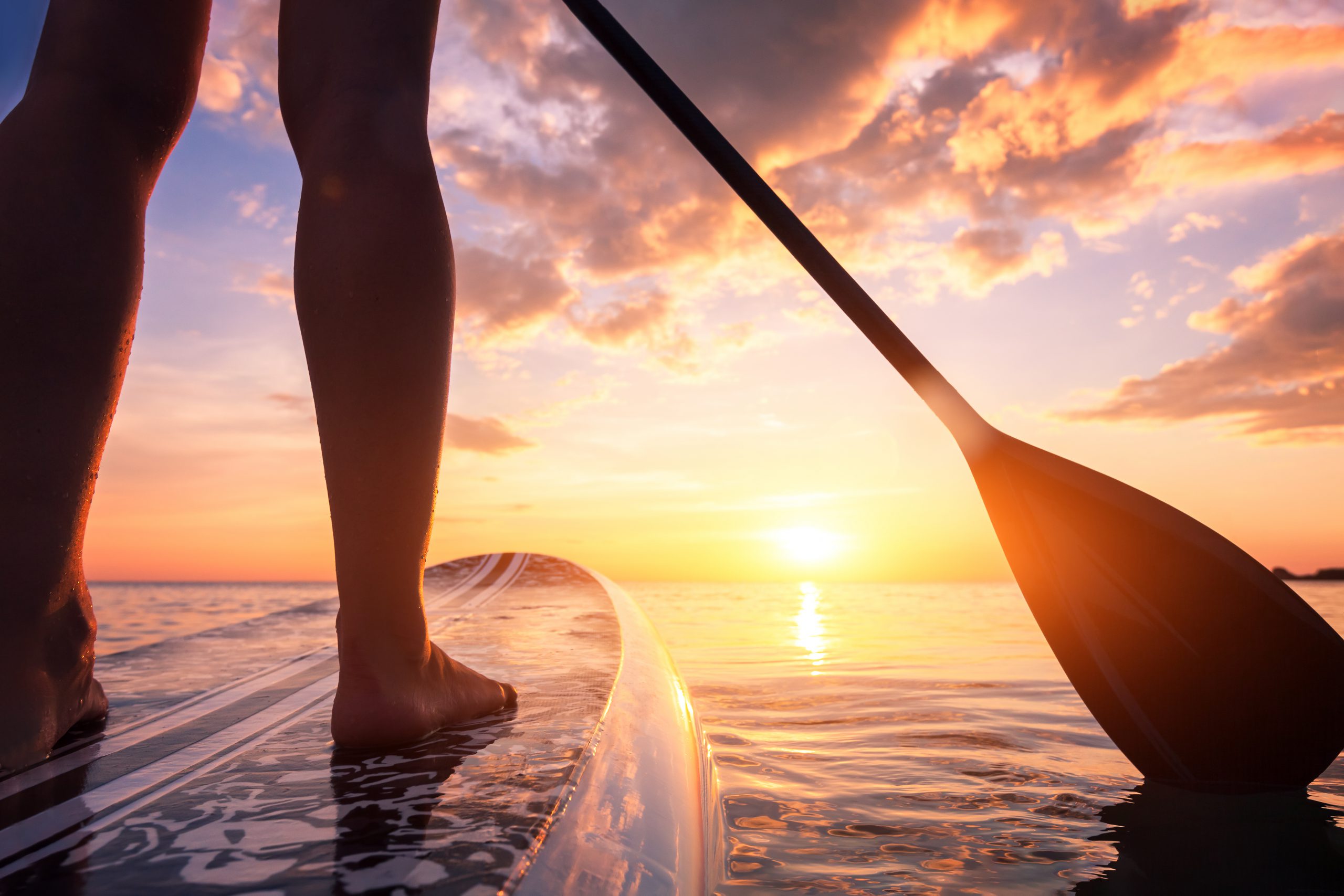 Stand up paddle boarding or standup paddleboarding on quiet sea at sunset with beautiful colours during warm summer beach vacation holiday, active woman, close-up of water surface, legs and board